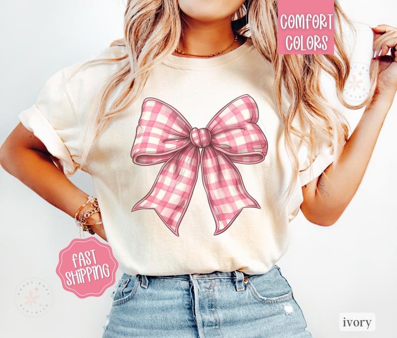 Pink Plaid Bow Shirt Comfort Colors, Coquette Bow Tshirt, Cute Women's Tee Hoodie, Sweatshirt | WearSparks.com