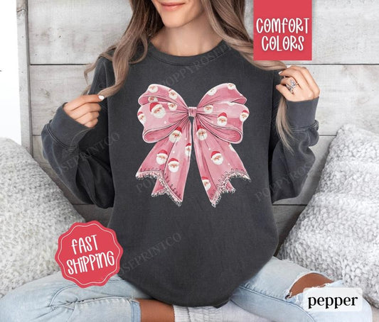 Pink Santa Bow Comfort Colors Sweatshirt,  Coquette Christmas Sweater Womenswear,  Holiday Crewneck