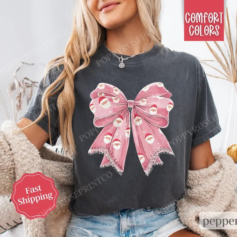 Pink Santa Bow Shirt Comfort Colors, Coquette Christmas Tee, Women's Holiday Tshirt