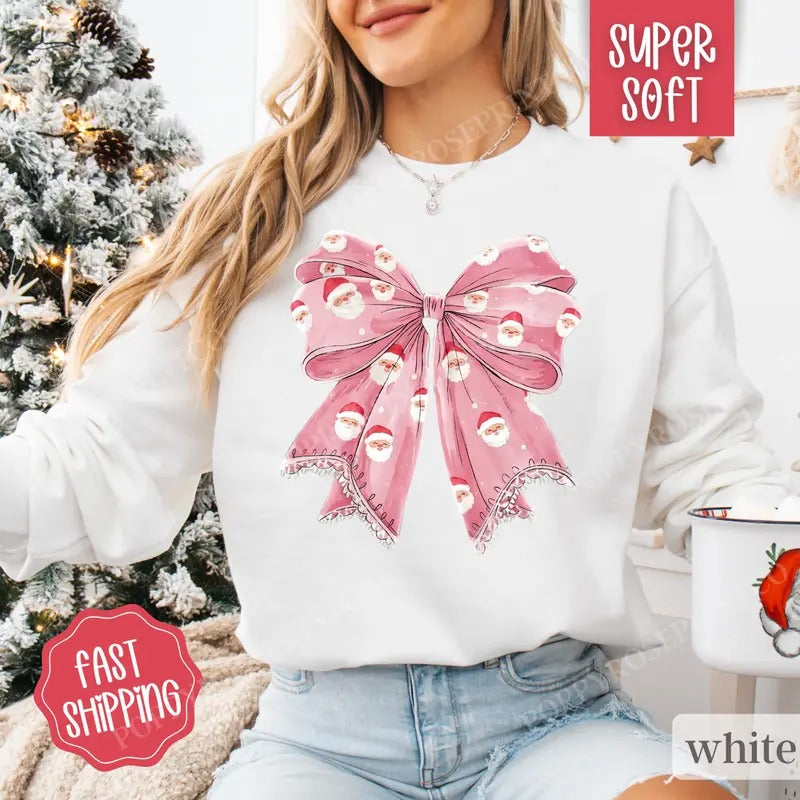 Pink Santa Bow Sweatshirt, Coquette Christmas Sweater, Women's Holiday Crewneck