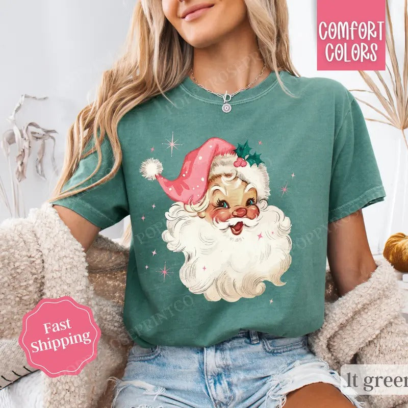 Pink Santa Christmas Shirt Comfort Colors, Coquette Xmas Tshirt, Women's Holiday Tee