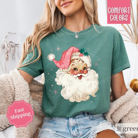 Pink Santa Christmas Shirt Comfort Colors, Coquette Xmas Tshirt, Women's Holiday Tee