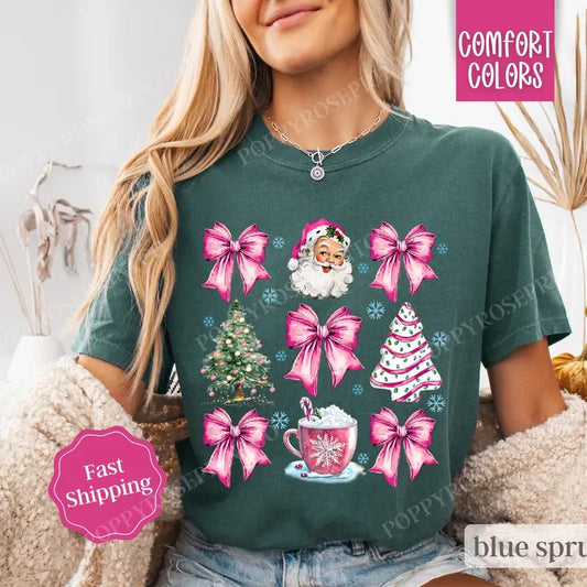 Pink Santa Christmas Shirt Comfort Colors, Cute Xmas Tshirt, Women's Holiday Tee