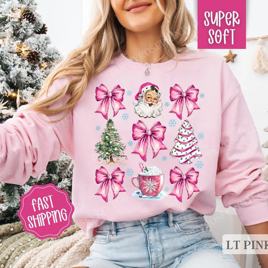 Pink Santa Christmas Sweatshirt, Merry Christmas Sweater, Women's Holiday Crewneck funny santa