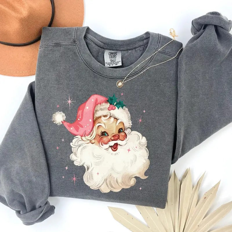 Pink Santa Retro Christmas T-Shirts Sweatshirts for Women Pink Christmas Matching Family Sweaters Pink Vintage Holiday Party