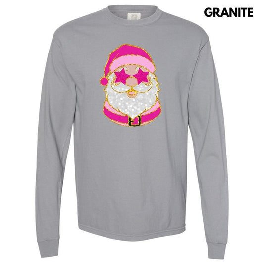 Pink Star Eyes Santa FAKE Glitter Long Sleeve Comfort Colors T-Shirt 'NLB'