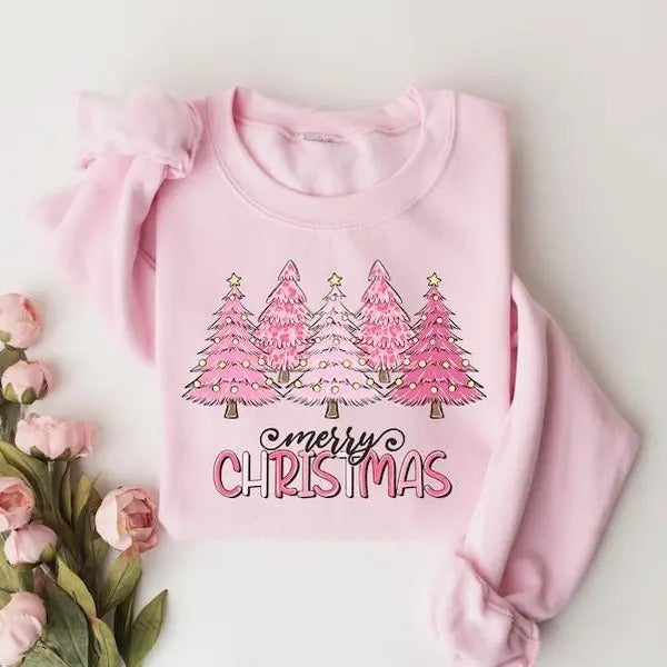 Pink Tree Christmas Sweater, Christmas Crewneck, Christmas Tree Sweatshirt, Holiday Sweaters for Women, Winter Sweatshirt