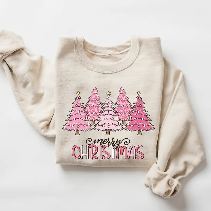 Pink Tree Christmas Sweater, Christmas Sweater, Christmas Crewneck, Christmas Tree Sweatshirt, Holiday Sweaters for Women, Winter Sweatshirt Cotton Fabric