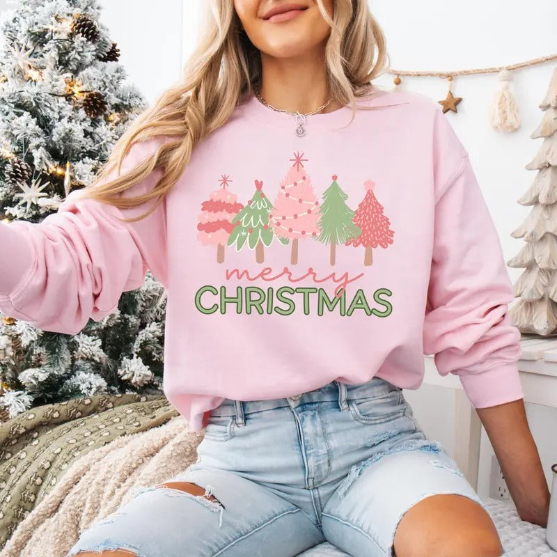 Pink Tree Christmas Sweatshirt, Pink Christmas Sweater, Merry Christmas Pink Tree Sweatshirt, Womens Holiday Shirt, Cute Christmas Sweater