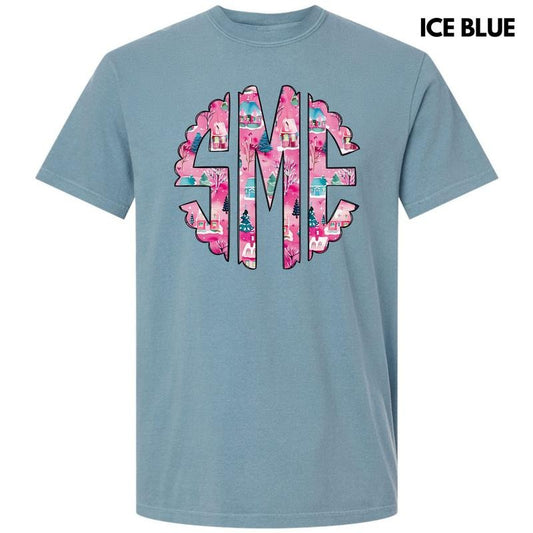 Pink Winter Holiday Monogram Comfort Colors T-Shirt 'NLB'