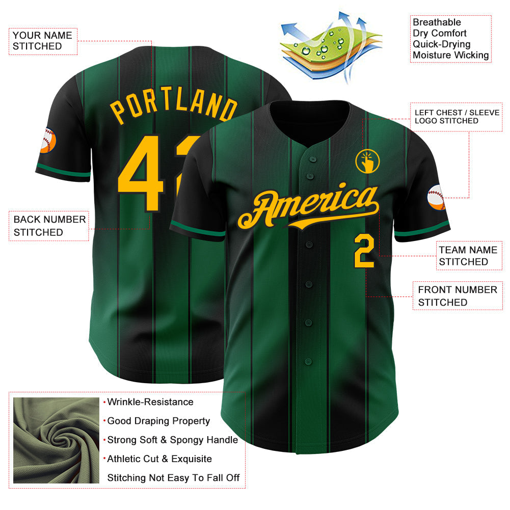 Custom Black Gold-Kelly Green Gradient Classic Vertical Stripe Authentic Baseball Jersey