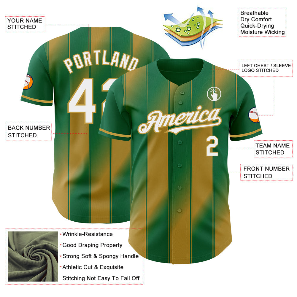 Custom Kelly Green White-Old Gold Gradient Classic Vertical Stripe Authentic Baseball Jersey
