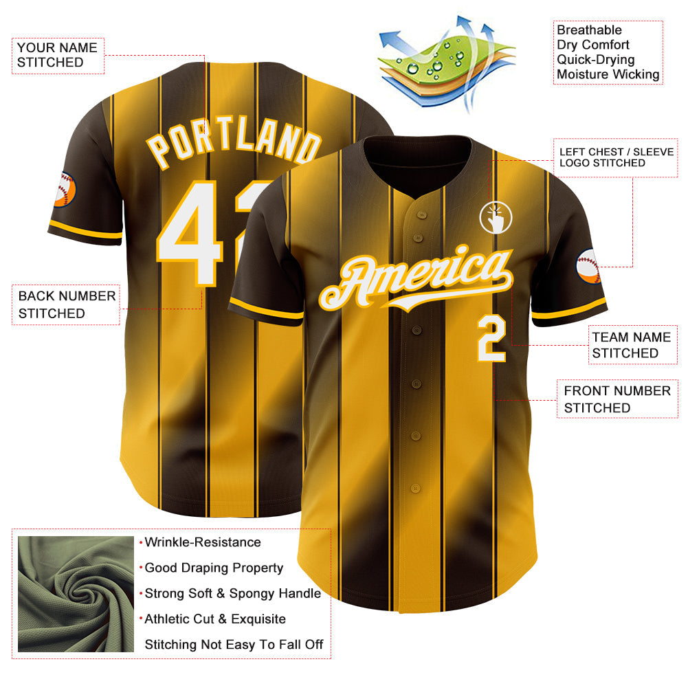 Custom Brown White-Gold Gradient Classic Vertical Stripe Authentic Baseball Jersey