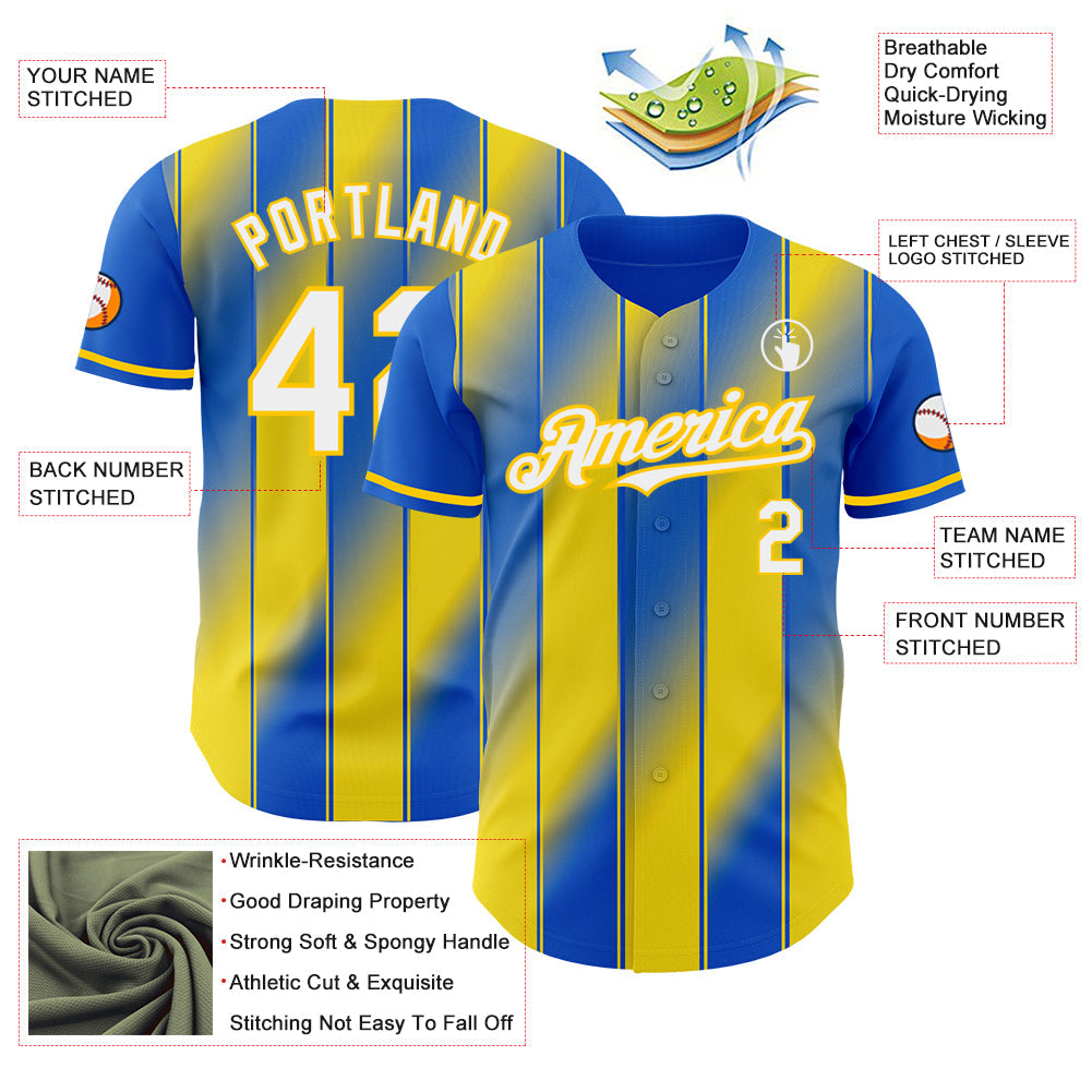 Custom Thunder Blue White-Yellow Gradient Classic Vertical Stripe Authentic Baseball Jersey