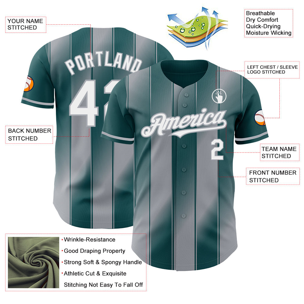 Custom Midnight Green White-Gray Gradient Classic Vertical Stripe Authentic Baseball Jersey