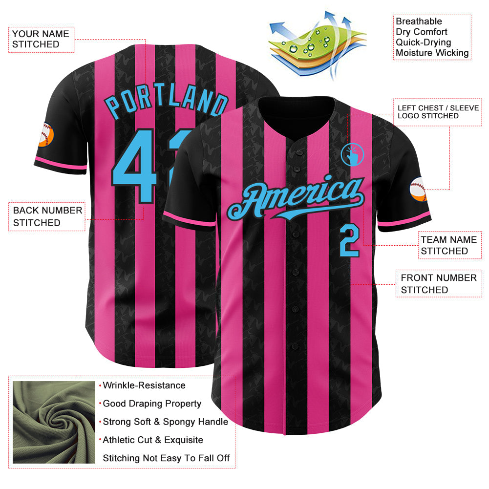 Custom Black Sky Blue-Pink Classic Vertical Stripe Fluid Liquid Texture Authentic Baseball Jersey