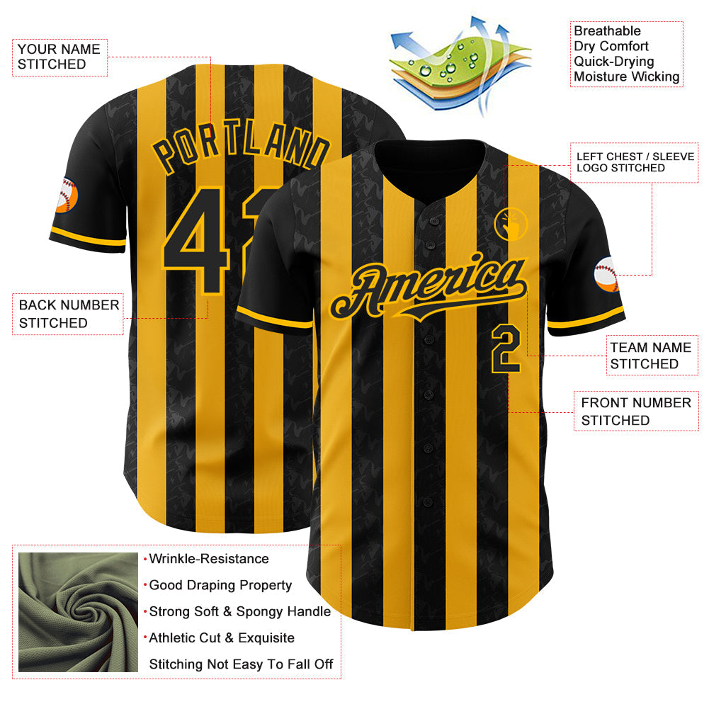 Custom Black-Gold Classic Vertical Stripe Fluid Liquid Texture Authentic Baseball Jersey