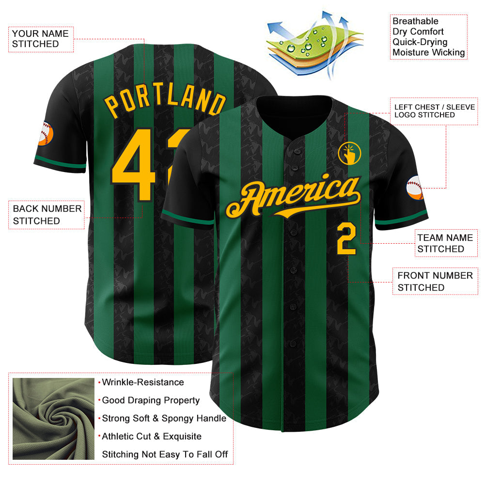 Custom Black Gold-Kelly Green Classic Vertical Stripe Fluid Liquid Texture Authentic Baseball Jersey