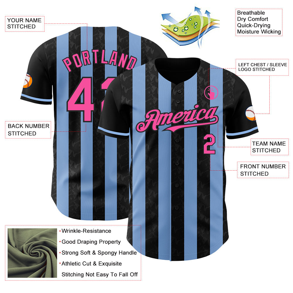Custom Black Pink-Light Blue Classic Vertical Stripe Fluid Liquid Texture Authentic Baseball Jersey