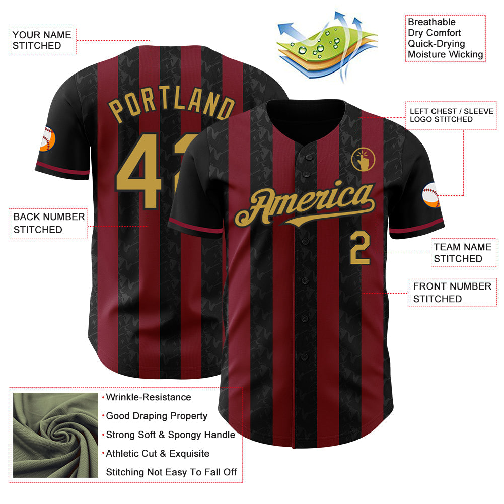Custom Black Old Gold-Crimson Classic Vertical Stripe Fluid Liquid Texture Authentic Baseball Jersey
