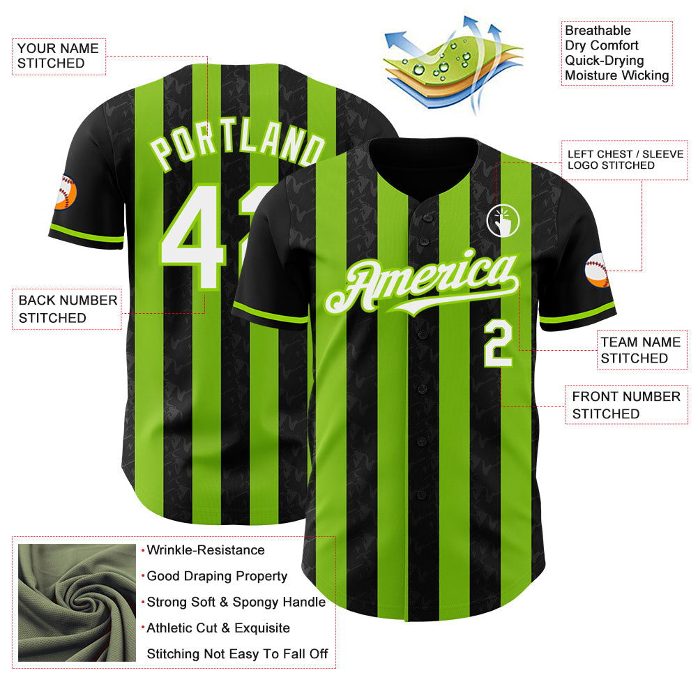 Custom Black White-Neon Green Classic Vertical Stripe Fluid Liquid Texture Authentic Baseball Jersey