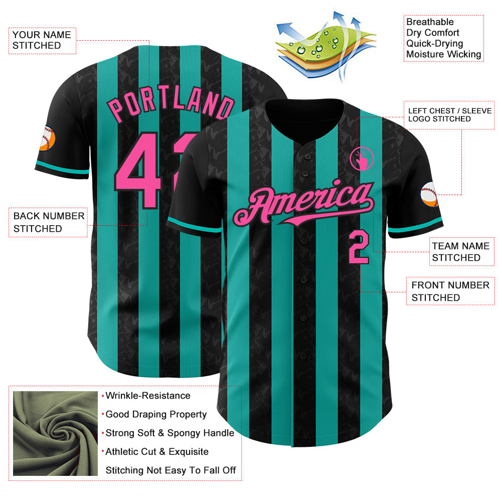 Custom Black Pink-Aqua Classic Vertical Stripe Fluid Liquid Texture Authentic Baseball Jersey