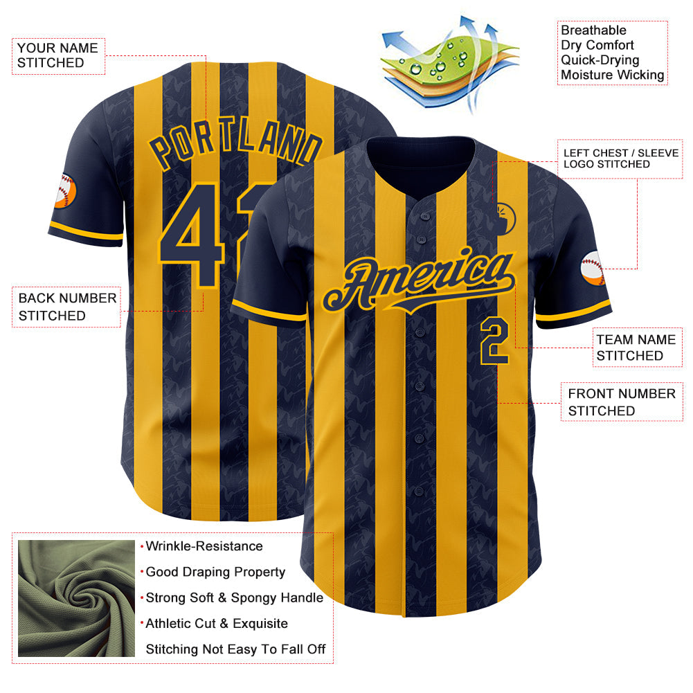 Custom Navy-Gold Classic Vertical Stripe Fluid Liquid Texture Authentic Baseball Jersey