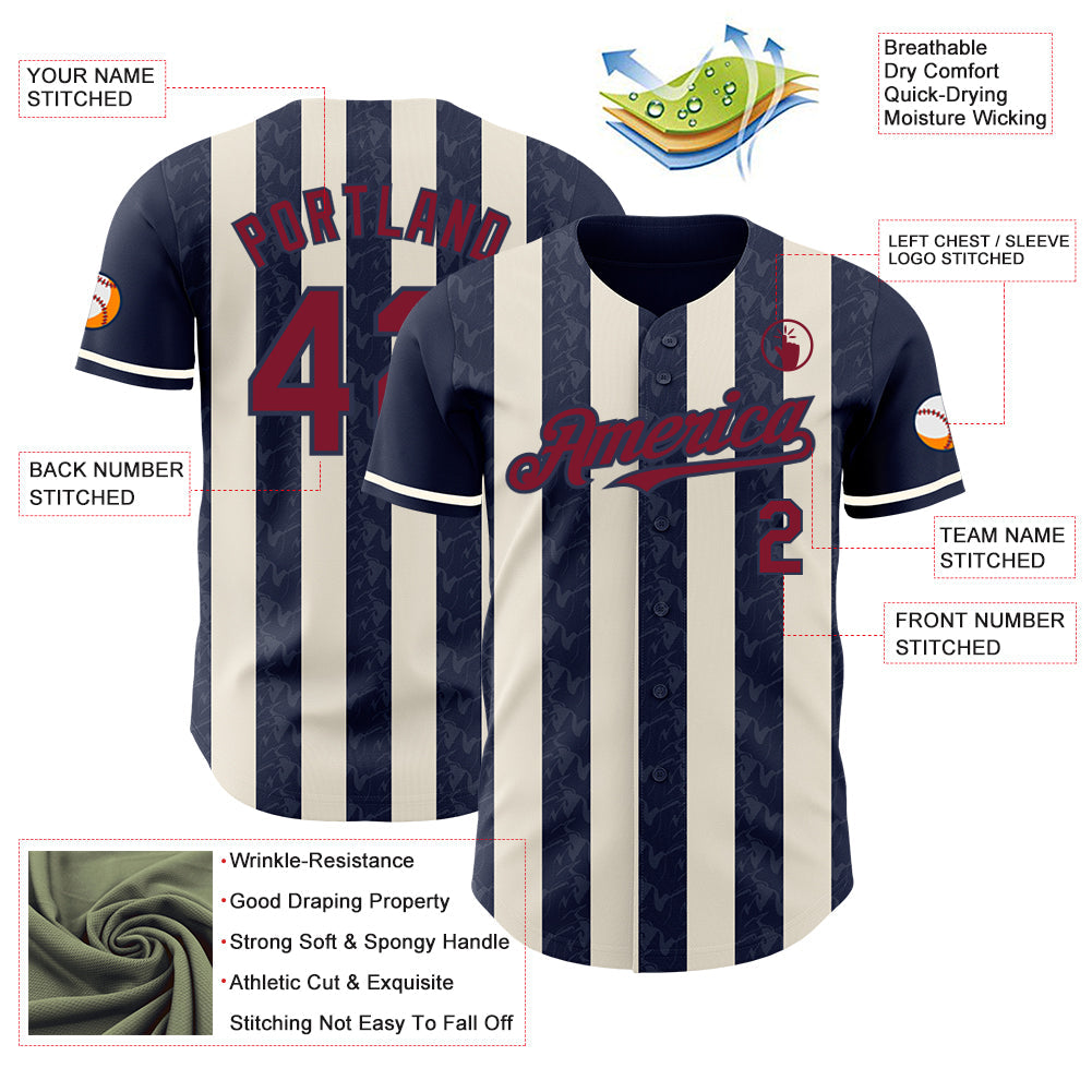 Custom Navy Crimson-Cream Classic Vertical Stripe Fluid Liquid Texture Authentic Baseball Jersey