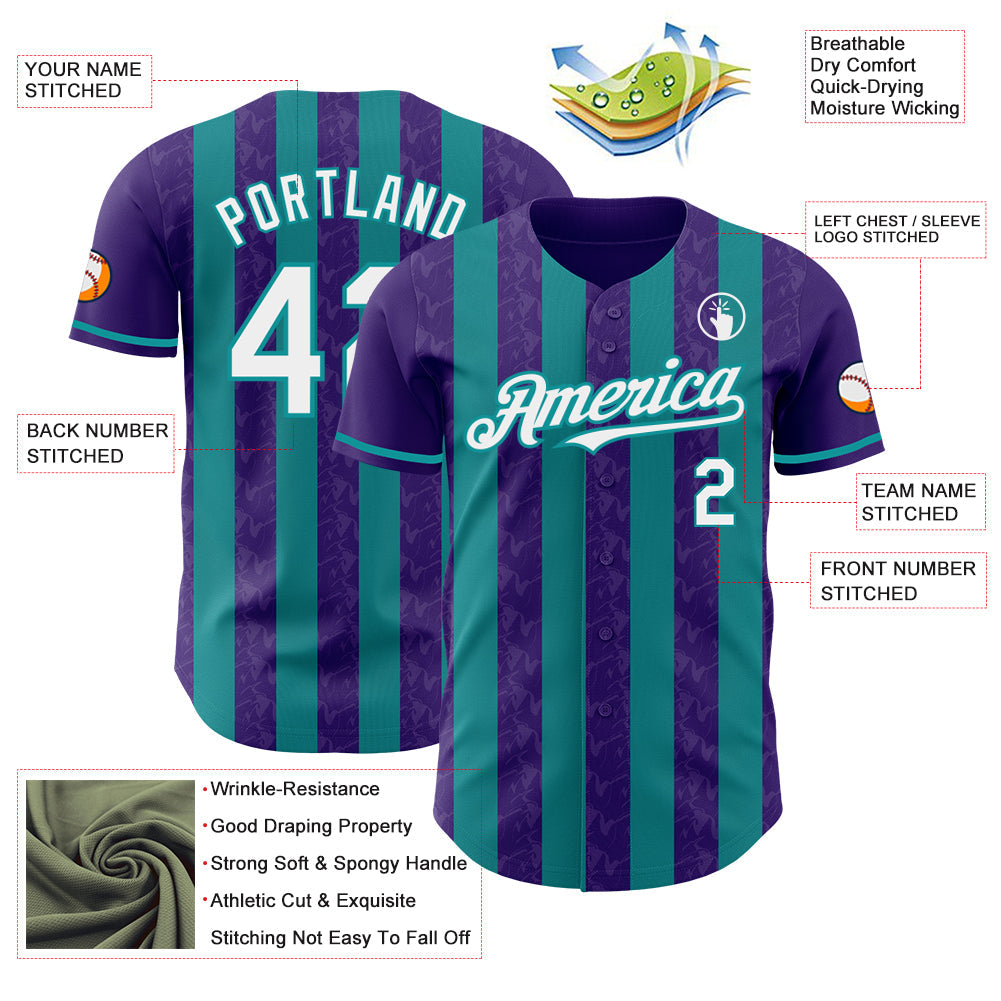 Custom Purple White-Teal Classic Vertical Stripe Fluid Liquid Texture Authentic Baseball Jersey
