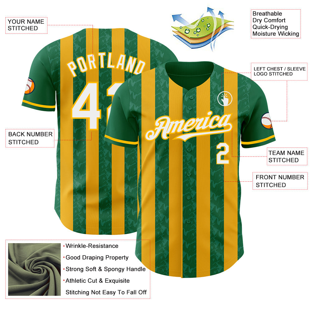 Custom Kelly Green White-Gold Classic Vertical Stripe Fluid Liquid Texture Authentic Baseball Jersey