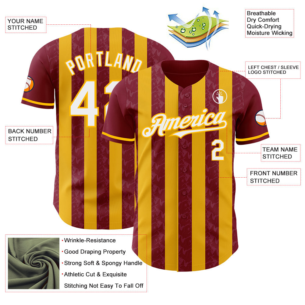 Custom Crimson White-Gold Classic Vertical Stripe Fluid Liquid Texture Authentic Baseball Jersey