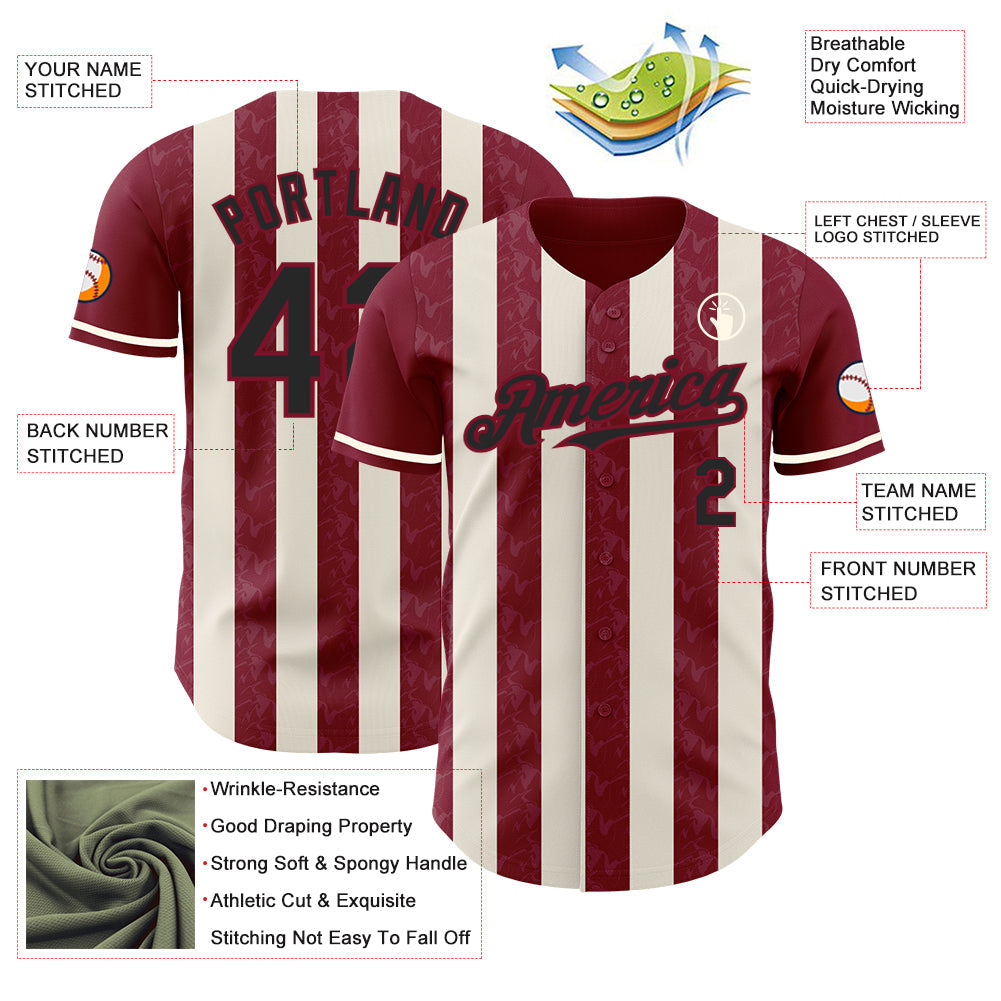 Custom Crimson Black-Cream Classic Vertical Stripe Fluid Liquid Texture Authentic Baseball Jersey