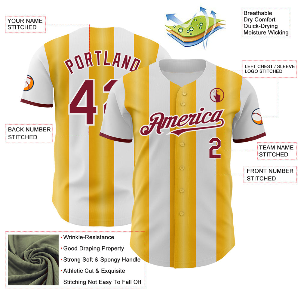 Custom White Crimson-Gold Gradient Vertical Stripe Argentina Style Authentic Baseball Jersey