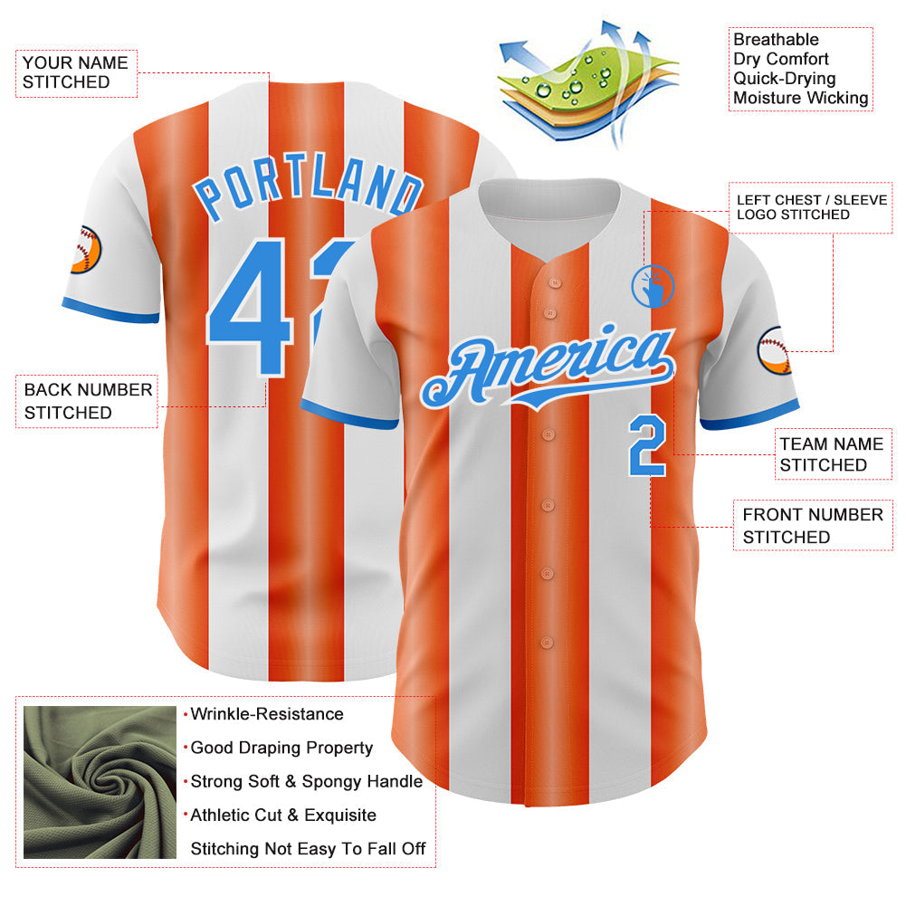 Custom White Electric Blue-Orange Gradient Vertical Stripe Argentina Style Authentic Baseball Jersey