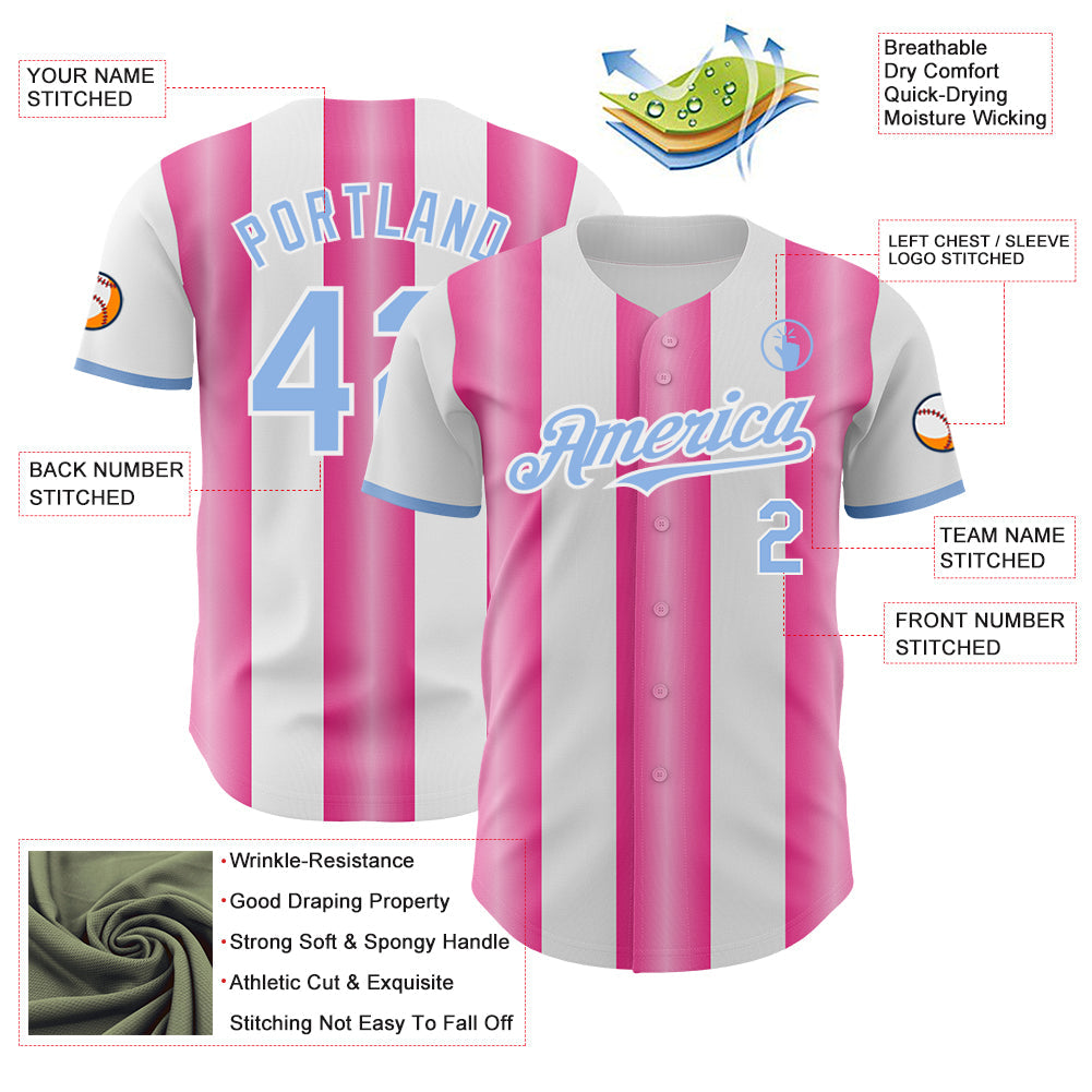 Custom White Light Blue-Pink Gradient Vertical Stripe Argentina Style Authentic Baseball Jersey