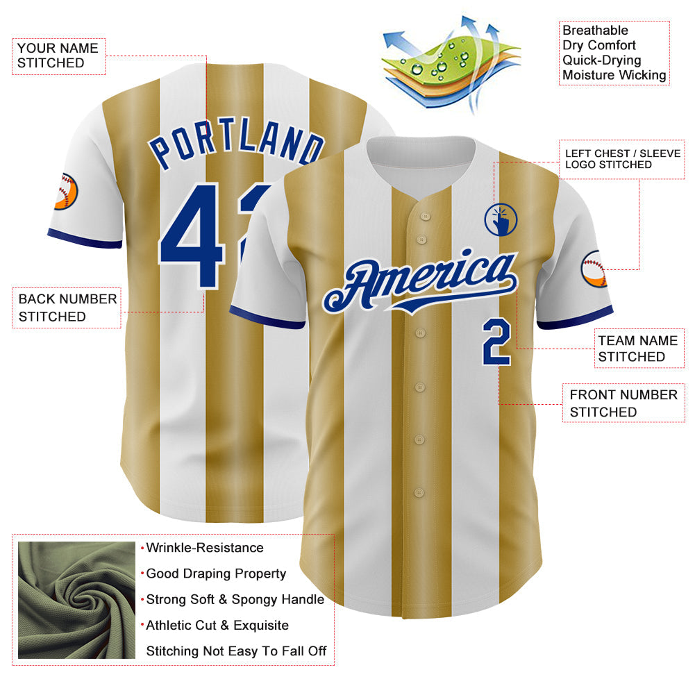 Custom White Royal-Old Gold Gradient Vertical Stripe Argentina Style Authentic Baseball Jersey