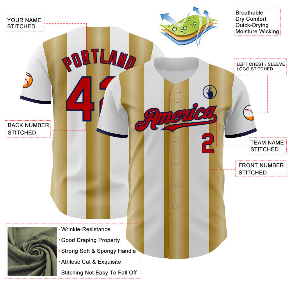 Custom White Red Old Gold-Navy Gradient Vertical Stripe Argentina Style Authentic Baseball Jersey
