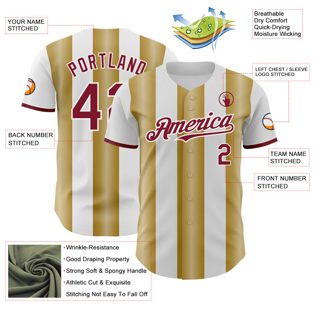 Custom White Crimson-Old Gold Gradient Vertical Stripe Argentina Style Authentic Baseball Jersey