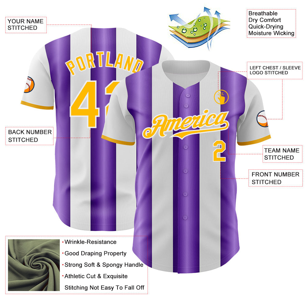 Custom White Gold-Purple Gradient Vertical Stripe Argentina Style Authentic Baseball Jersey
