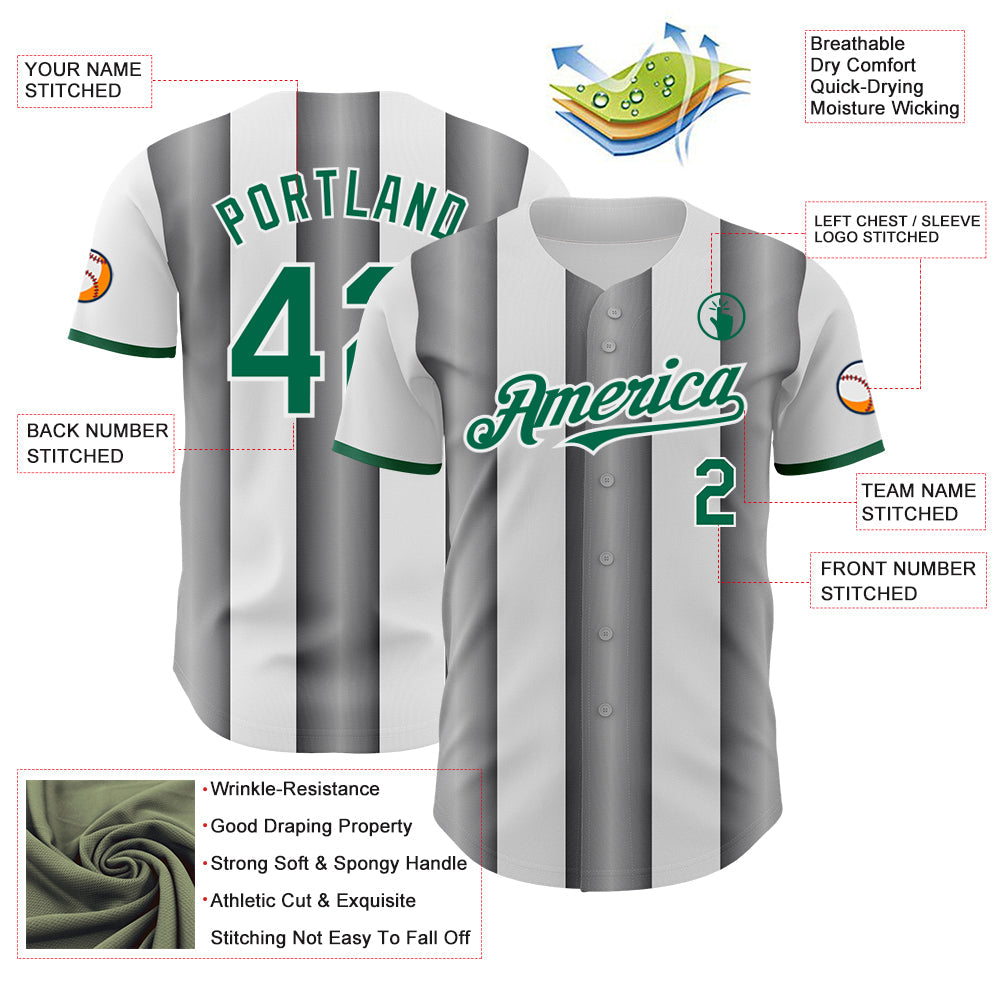 Custom White Kelly Green-Steel Gray Gradient Vertical Stripe Argentina Style Authentic Baseball Jersey