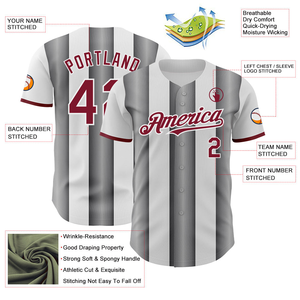 Custom White Crimson-Steel Gray Gradient Vertical Stripe Argentina Style Authentic Baseball Jersey