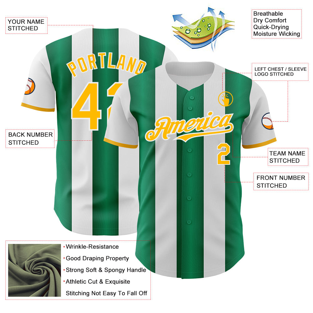 Custom White Gold-Kelly Green Gradient Vertical Stripe Argentina Style Authentic Baseball Jersey