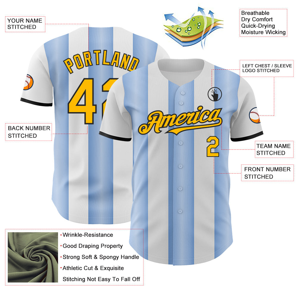 Custom White Gold Light Blue-Black Gradient Vertical Stripe Argentina Style Authentic Baseball Jersey