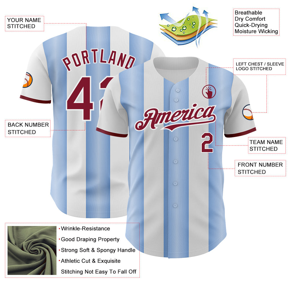 Custom White Crimson-Light Blue Gradient Vertical Stripe Argentina Style Authentic Baseball Jersey