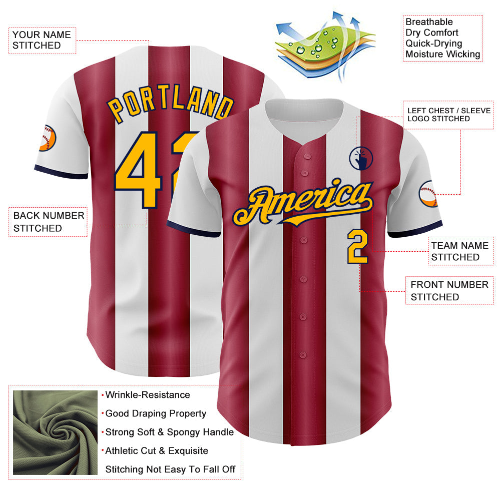 Custom White Gold Crimson-Navy Gradient Vertical Stripe Argentina Style Authentic Baseball Jersey