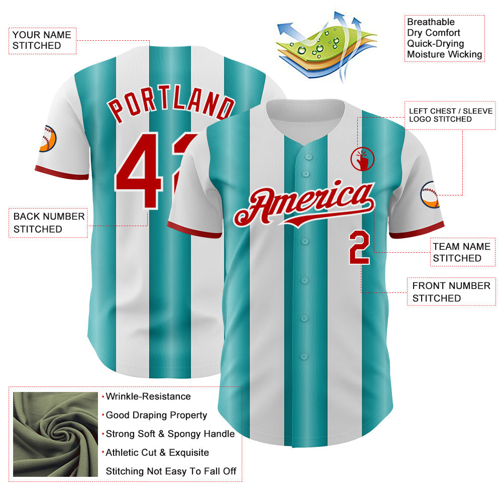 Custom White Red-Teal Gradient Vertical Stripe Argentina Style Authentic Baseball Jersey