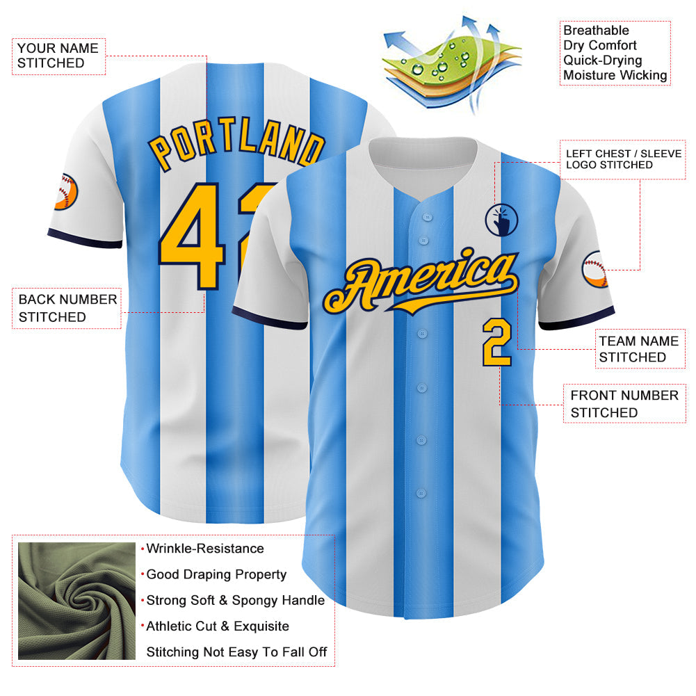 Custom White Gold Electric Blue-Navy Gradient Vertical Stripe Argentina Style Authentic Baseball Jersey