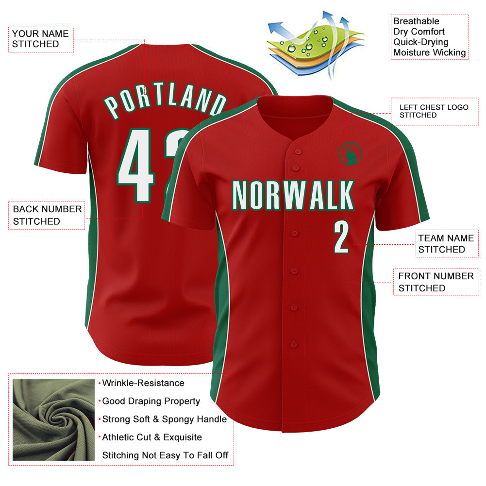Custom Red White-Kelly Green Classic Color Block Side Panel Stripe Authentic Baseball Jersey