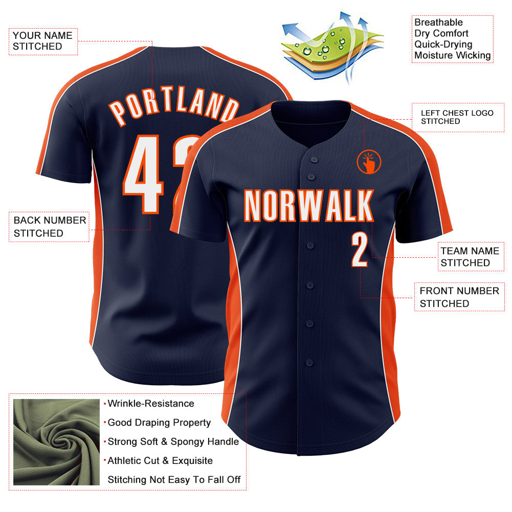 Custom Navy White-Orange Classic Color Block Side Panel Stripe Authentic Baseball Jersey