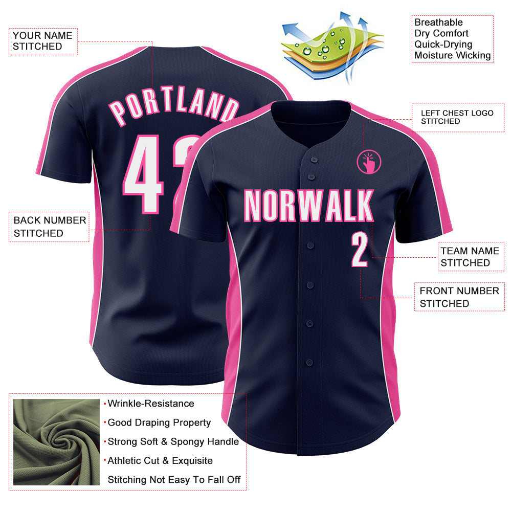 Custom Navy White-Pink Classic Color Block Side Panel Stripe Authentic Baseball Jersey